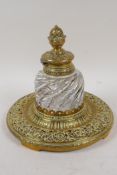 A polished bronze and glass desk top inkwell with pineapple finial, base 8" diameter, AF