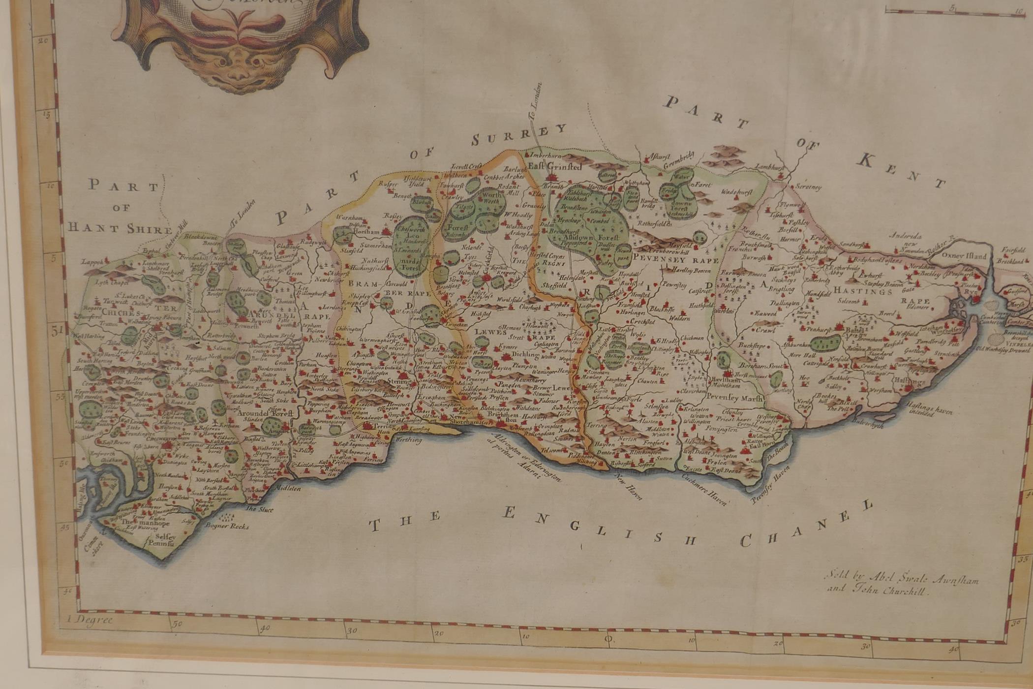 An antique Robert Morden map of Sussex, with hand coloured highlights, 16½" x 14" - Image 4 of 4