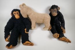 Three vintage soft toys, two chimpanzees and a horse