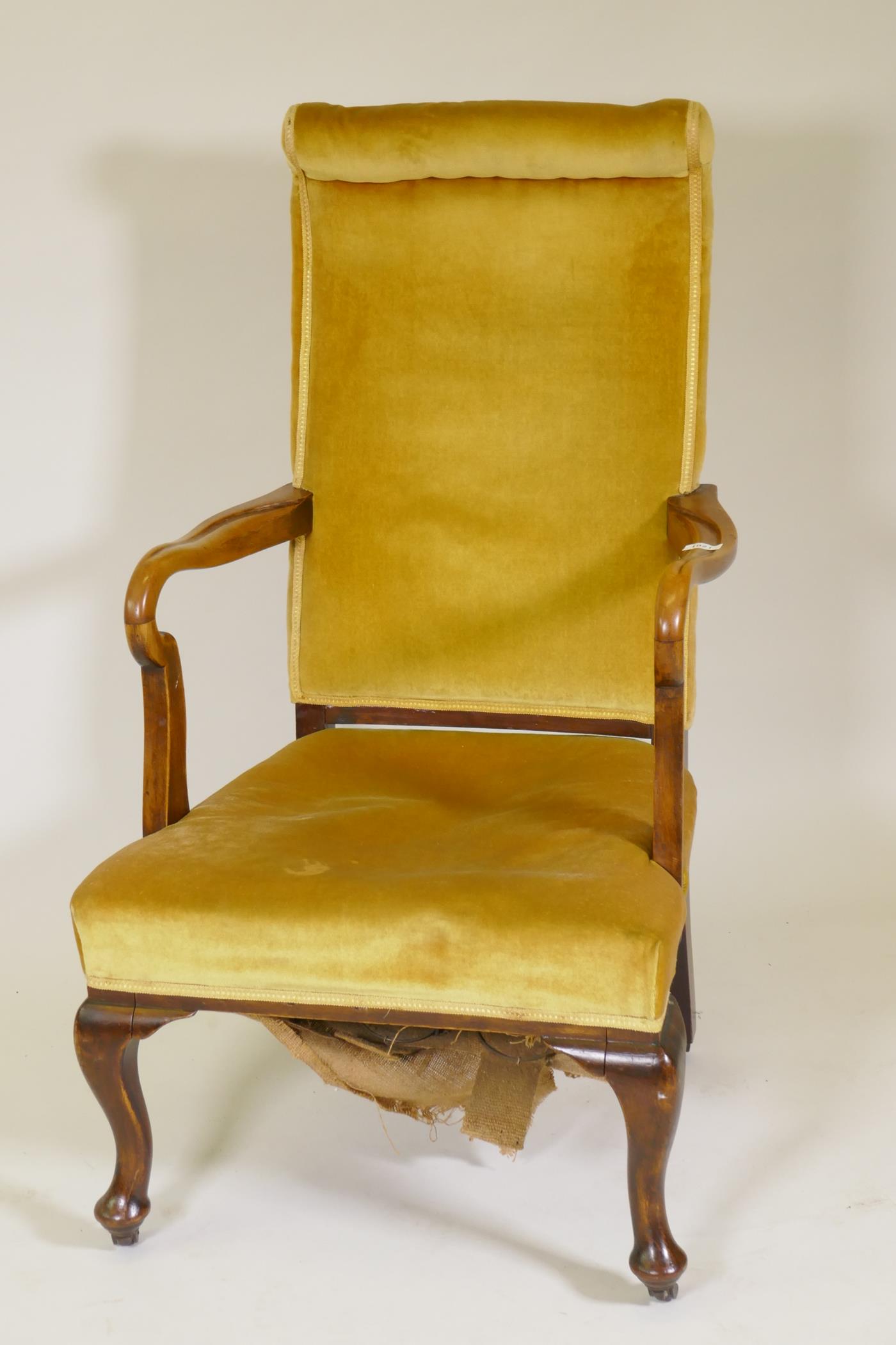 A Victorian open arm walnut armchair, with high back and scroll arms, raised on cabriole supports - Image 2 of 4
