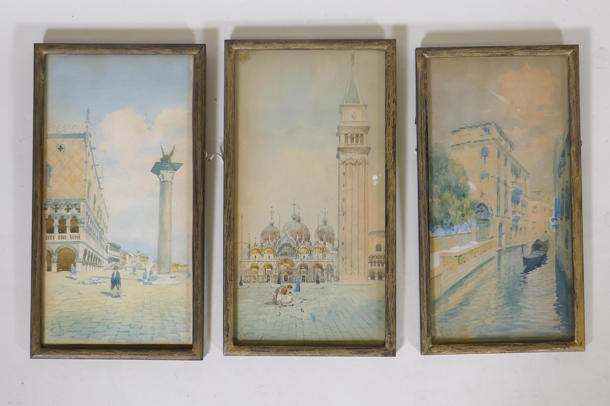 Alberto Trevisant, Venetian scene with St Mark's Square, signed, 6" x 12", and two similar, signed