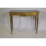 A mid century giltwood and composition console table with faux marble top, raised on fluted