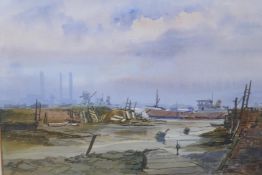 Industrial river scene at low tide, watercolour, 21" x 14"