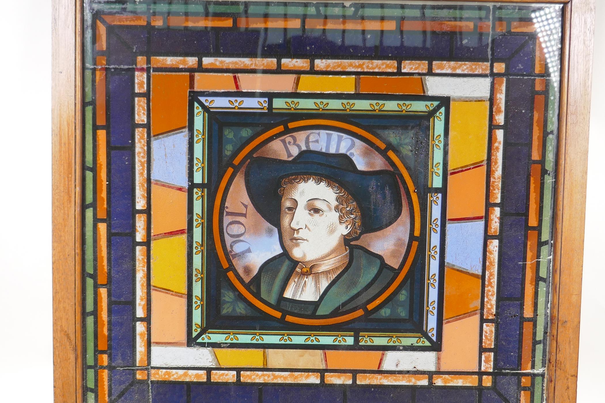 A a stained lass effect panel with a portrait of gentleman inscribed holbein, 20" x 19" - Image 2 of 4