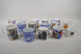 Fifteen commemorative porcelain mugs, mainly Millenium Peace in Europe etc, a teapot, and Bell's