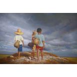 Three boys in a landscape with fishing equipment, signed Forsythe ?, oil on canvas, 43" x 31½"