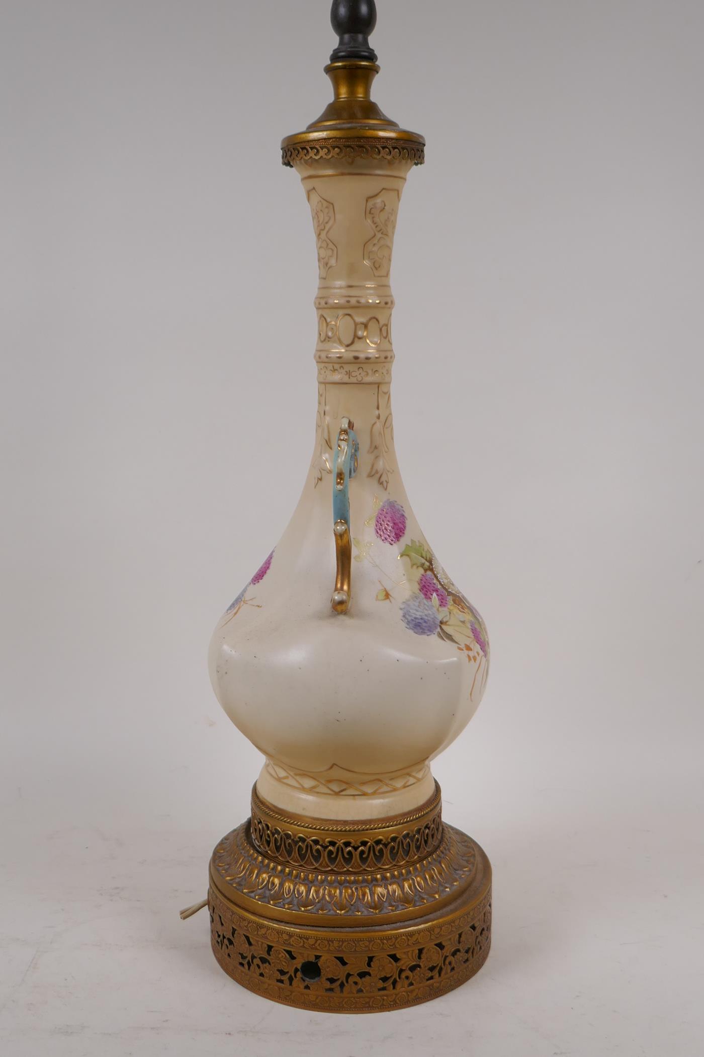 A C19th Worcester style two handled vase, converted to a lamp, with pierced brass base and mounts, - Image 5 of 5