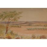 Extensive landscape, possibly Australian, monogramed CEC, early C20th, 40 x 25cm