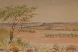 Extensive landscape, possibly Australian, monogramed CEC, early C20th, 40 x 25cm