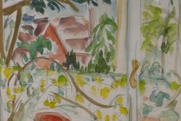 View of a garden through a window, signed Sine Mackinnon, watercolour and pencil, 36cm x 30cm