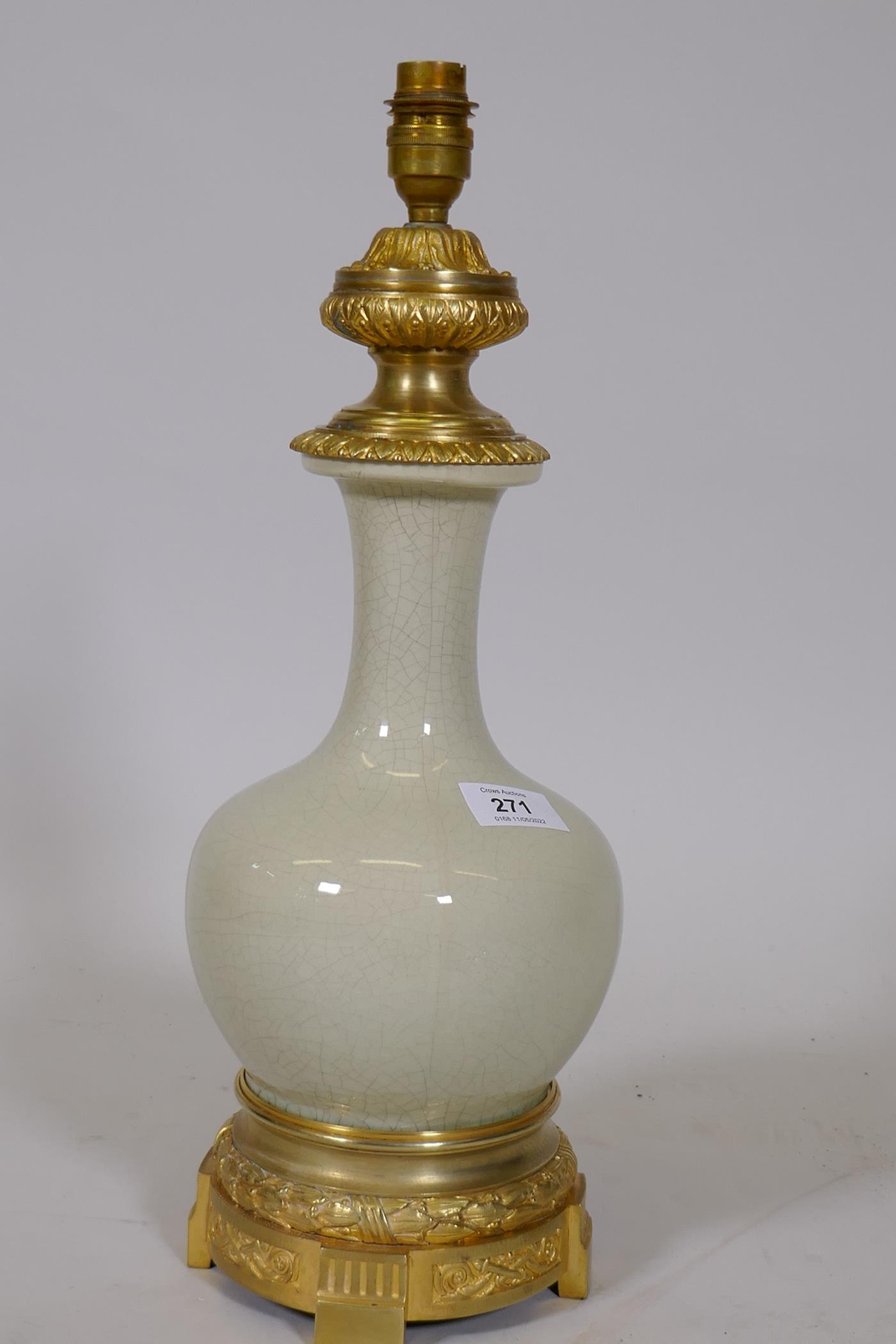 A Chinese crackle glazed vase with ormolu mounts, converted to a table lamp, 17" high - Image 2 of 3