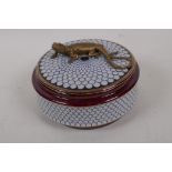 A porcelain serving bowl with bronze lizard handle to cover, 6" diameter