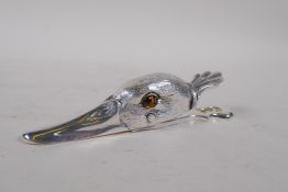 A silver plated document clip in the form of a duck's head, 13cm long