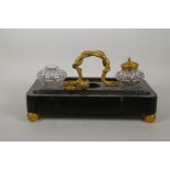 C19th ebonised desk stand with ormolu handle in the form of a serpent, AF losses, 35 x 21 x 15cm