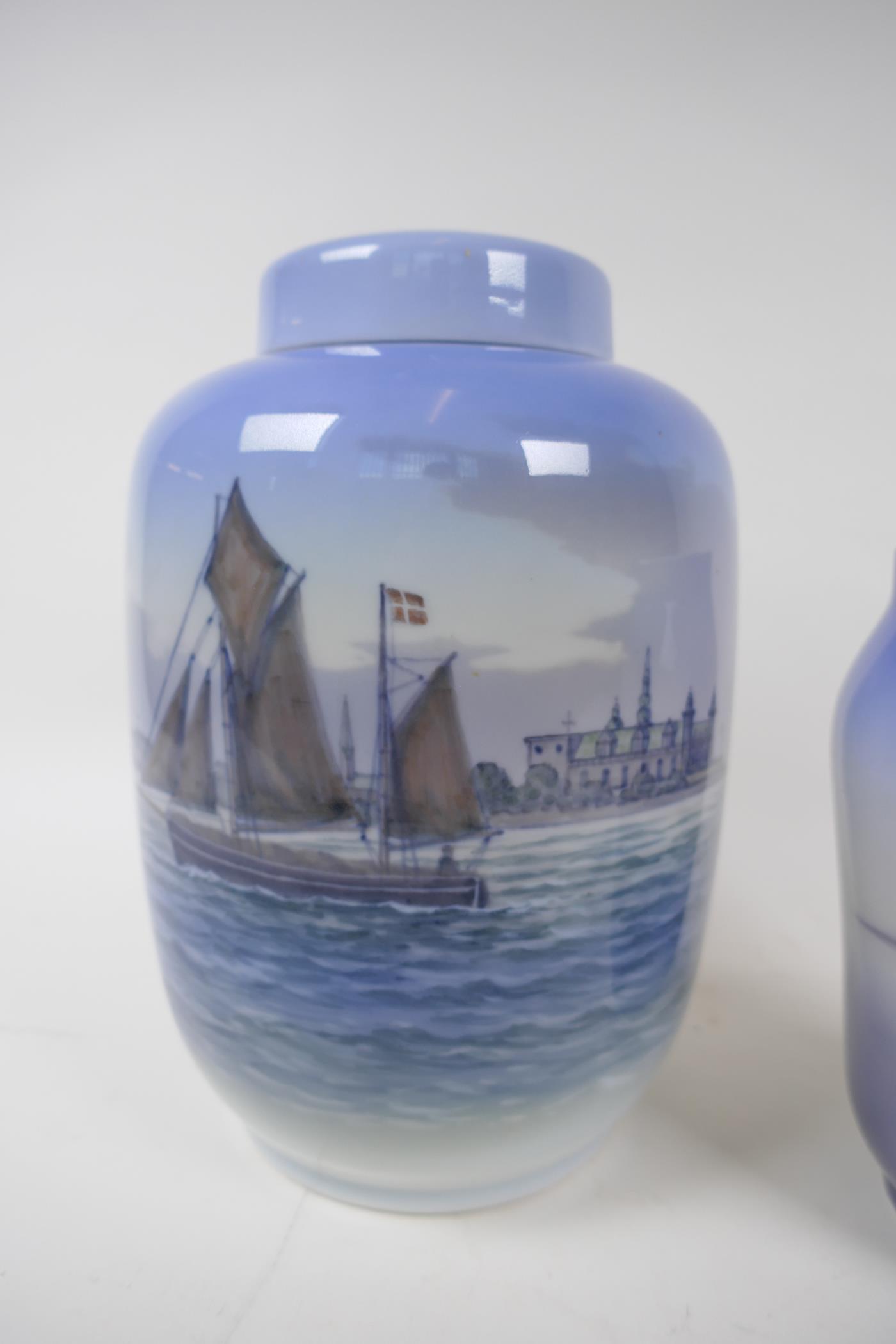 A large Royal Copenhagen porcelain jar and cover painted with a sailing barge, 23cm high, and a - Image 3 of 5