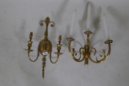 A neo classical style brass two branch wall sconce, AF, 46cm long and another three branch
