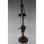 A Japanese bronze figural table lamp, cast as a circus performer standing on a ball and juggling