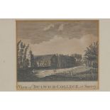 'View of Dulwich College in Surrey', C18th engraving in a carved oak frame, 17 x 14cm