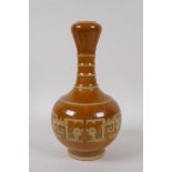 A garlic head shaped porcelain vase with wood effect glaze and archaic designs, Chinese Yong Zheng 6