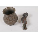 A small bronze 'cherub' door knocker, 11cm long, and a squat Bidri vase