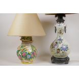 An antique porcelain lamp with Chinese enamel decoration and metal mounts, 44 cm high, AF cracked,