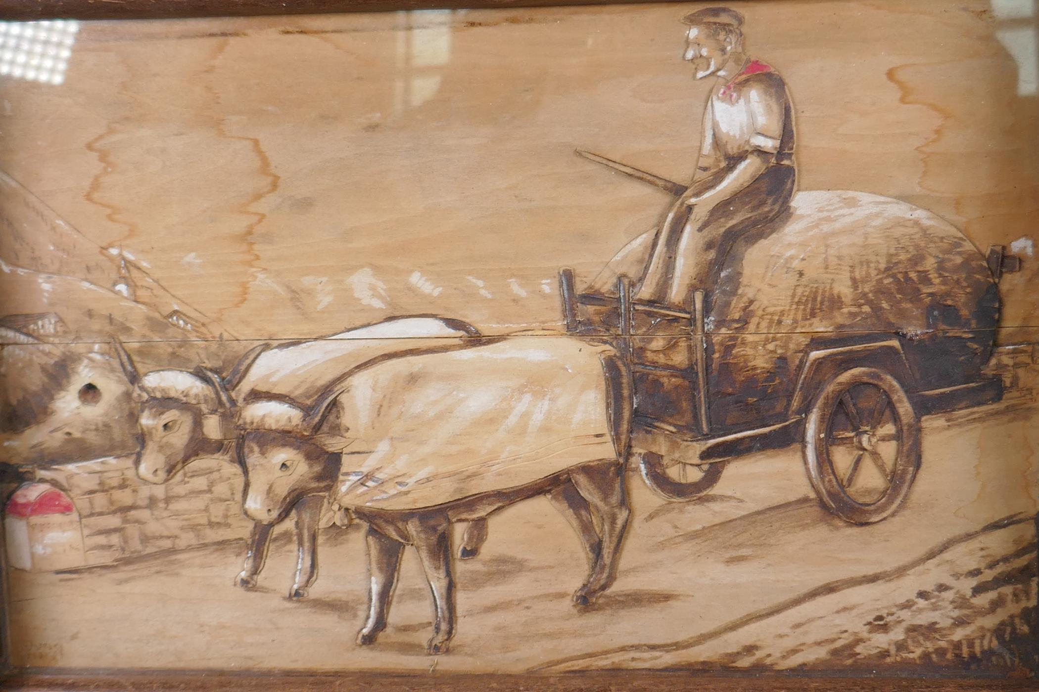 A vintage European carved wooden tray decorated with a naive scene of a man driving a bullock - Image 3 of 4