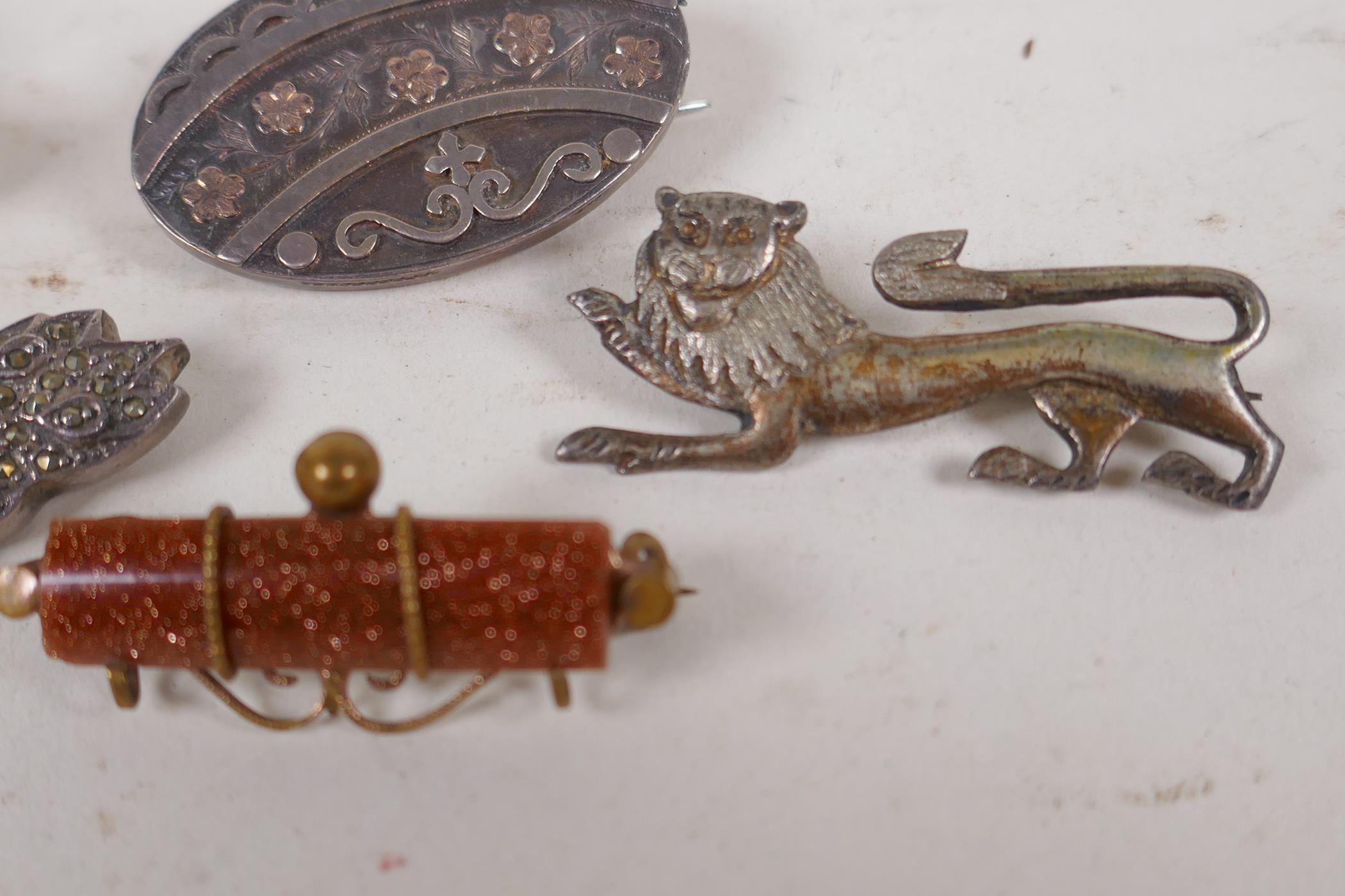 A gilt and enamel frog brooch, and four silver set brooches including goldstone, marcasite etc - Image 2 of 5