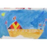 Study of a boat, indistinctly signed, naive style mixed media painting on paper fragment, 38cm x