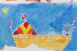 Study of a boat, indistinctly signed, naive style mixed media painting on paper fragment, 38cm x