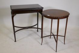 A Victorian mahogany fold over card table on cabriole legs with shaped stretcher, 28" x 26" x 16",