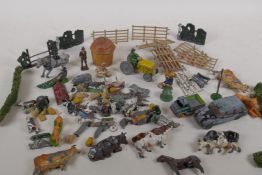A quantity of Britains and other lead farmyard animals, vehicles, figures etc, many AF