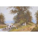 Les Parsons, river scene with children fishing, signed, oil on canvas, 76cm x 50cm