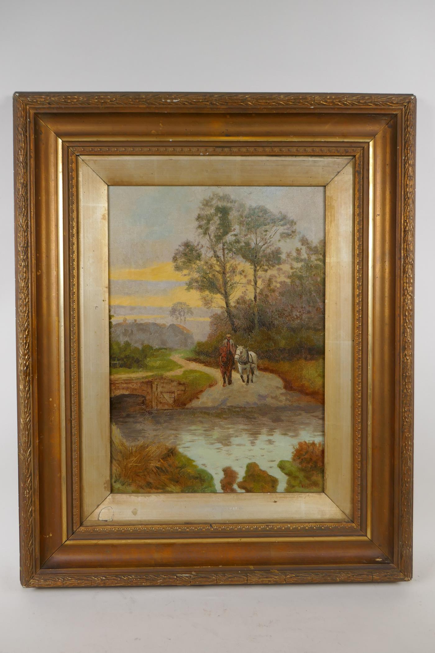 Landscape at sunset with figure and horses, indistinctly signed, C19th oil on canvas, 26cm x 36cm - Image 2 of 5