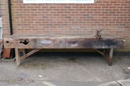 Antique pine carpenter's workbench with metal vice, 126" x 32" x 31"