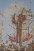 Venetian port with figures and ruins, early C19th gouache, 18cm x 24cm
