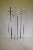 A pair of trefoil folding metal plant towers with lattice design, 180cm high