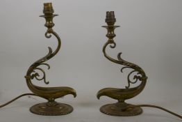 A pair of vintage brass rococo style table lamps, 32cm high