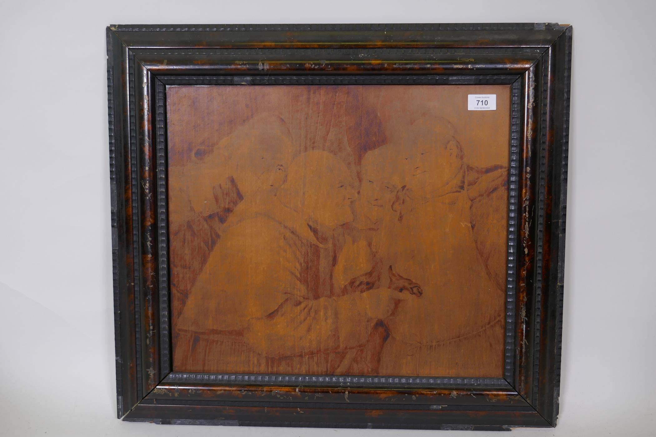 After E. Grutzner, a pokerwork panel, signed A. Veronesi, Lugano, in a Dutch faux tortoiseshell - Image 2 of 4