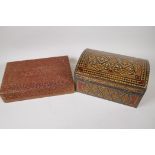 A Damascan inlaid dome top wooden jewellery box, 27cm long, and an extensively carved oriental