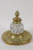 A C19th pierced brass and glass desk inkwell, hinge AF, 41cm diameter