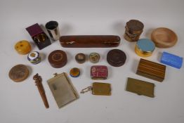 A collection of vintage treen trinket boxes, ink pots, vesta cases, and a Kashmiri scribe's box,