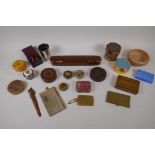 A collection of vintage treen trinket boxes, ink pots, vesta cases, and a Kashmiri scribe's box,