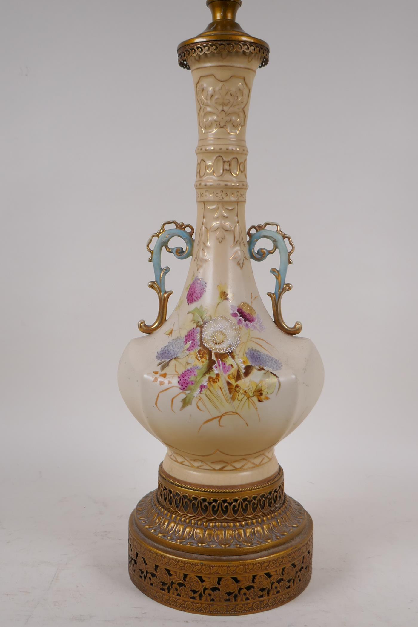 A C19th Worcester style two handled vase, converted to a lamp, with pierced brass base and mounts, - Image 2 of 5