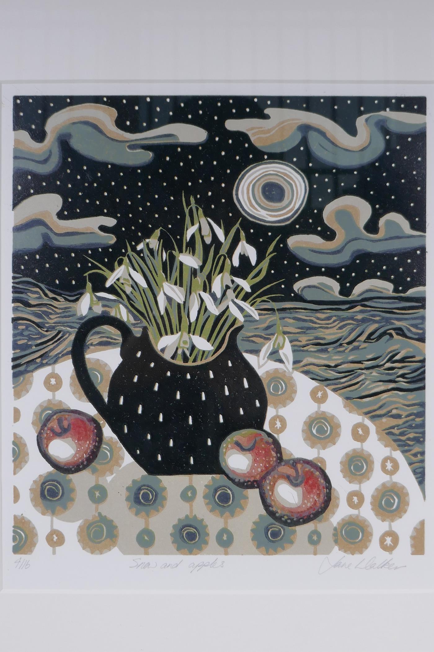 Jane Walker, Scottish, Snow & Apples, limited edition lino cut still life print, 4/16, pencil signed - Image 2 of 8