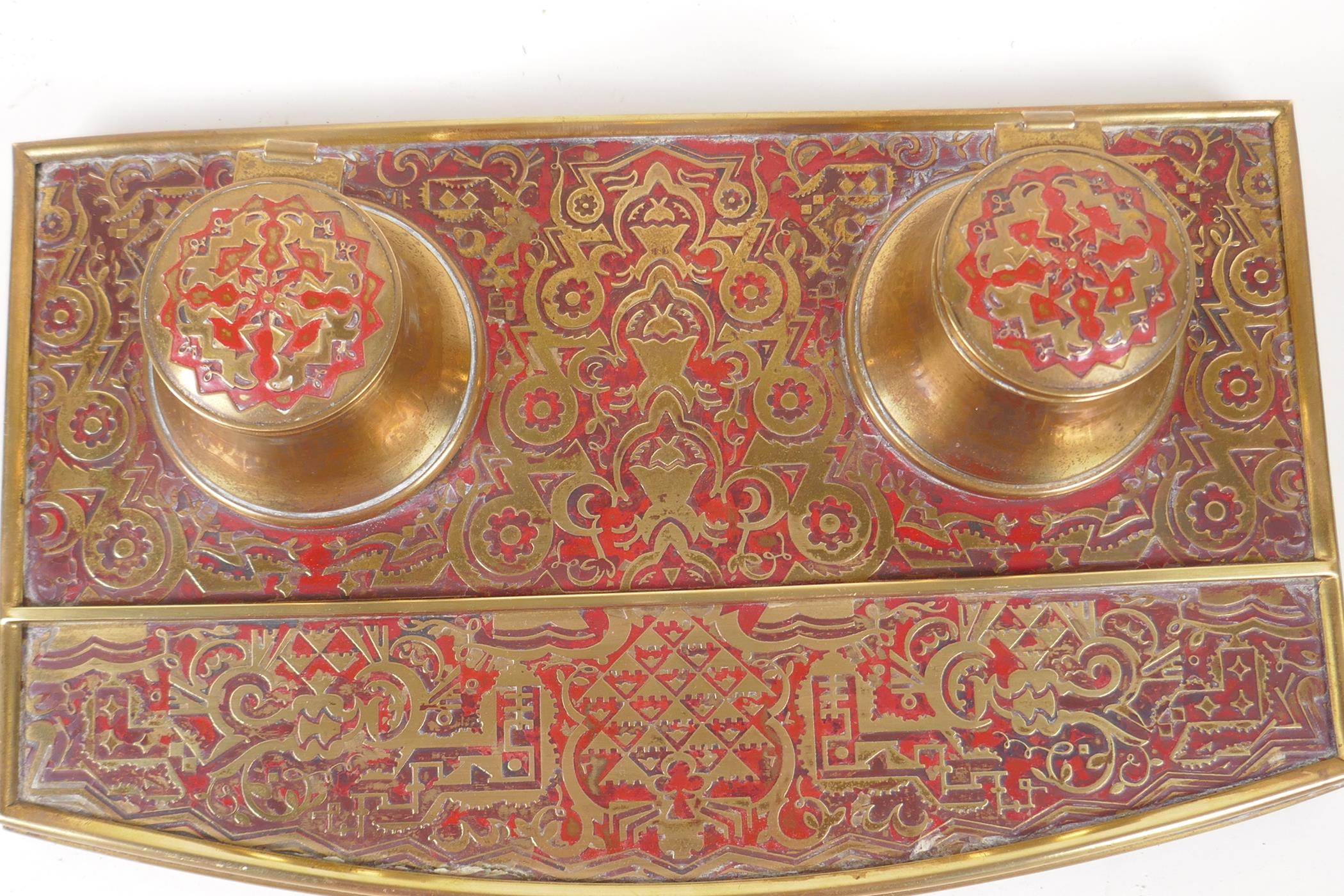 An embossed and lacquered brass boule style desk inkwell, 27cm wide - Image 4 of 4