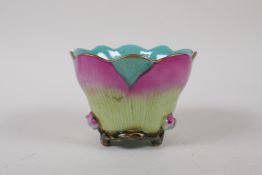 A polychrome porcelain lotus flower shaped tea bowl, Chinese Qianlong seal mark to base, 10cm