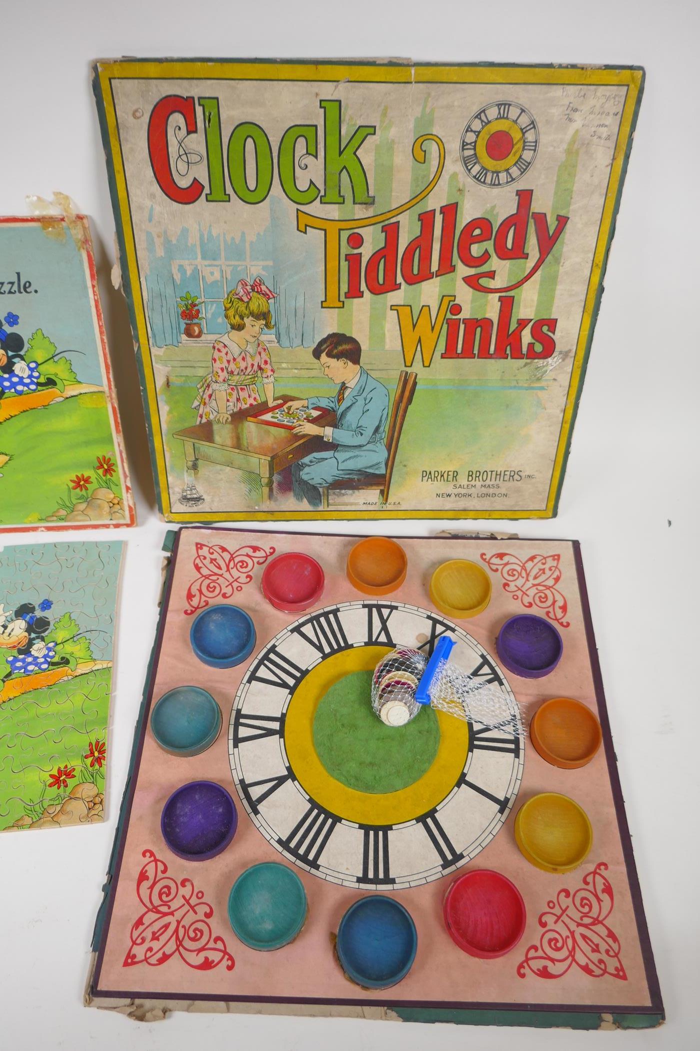 A 1930s Chad Valley wooden Mickey Mouse jigsaw puzzle, and a Parker Brothers clock, Tiddley Winks - Image 6 of 6