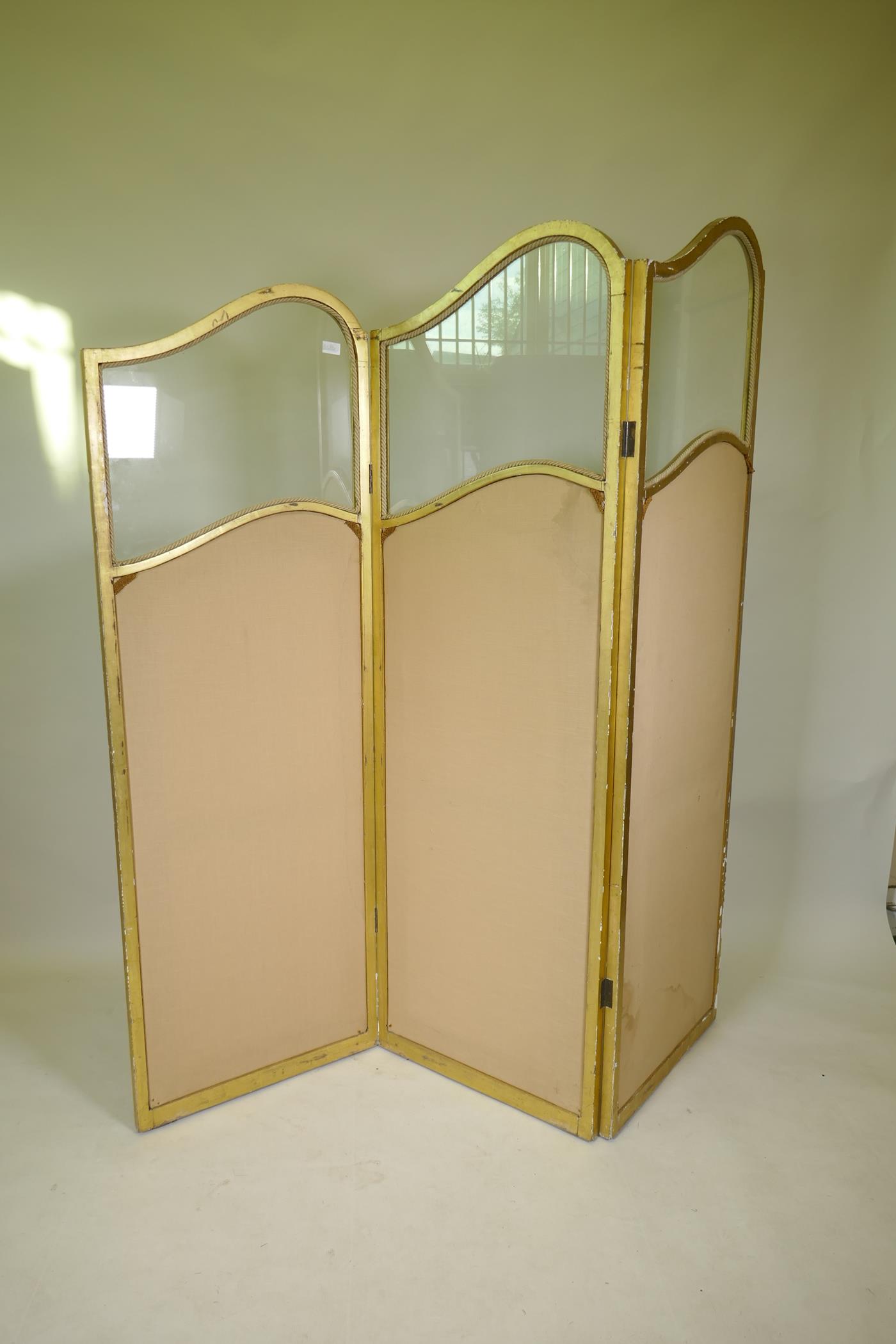 A late C19th French three fold gilt wood screen, with glazed and shaped top, 176cm high, each - Image 2 of 2
