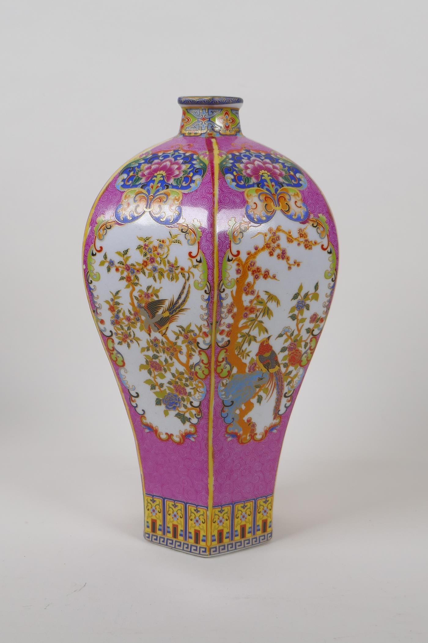 A Chinese hexagonal porcelain vase with polychrome decorative panels depicting birds on a pink - Image 2 of 6