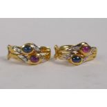 A pair of 18ct yellow gold earrings set with ruby and sapphires, one stone missing